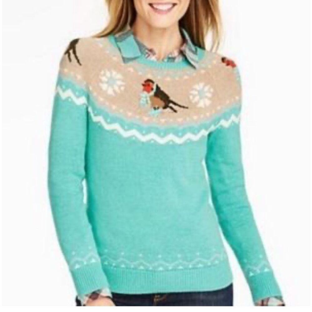 Talbots aqua Fair Isle bird print pulloverâlambswool blend sweater MP